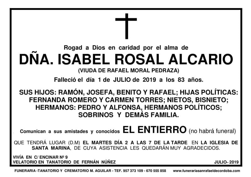 Funeraria Aguilar León esquela Dña. Isabel Rosal Alcairo
