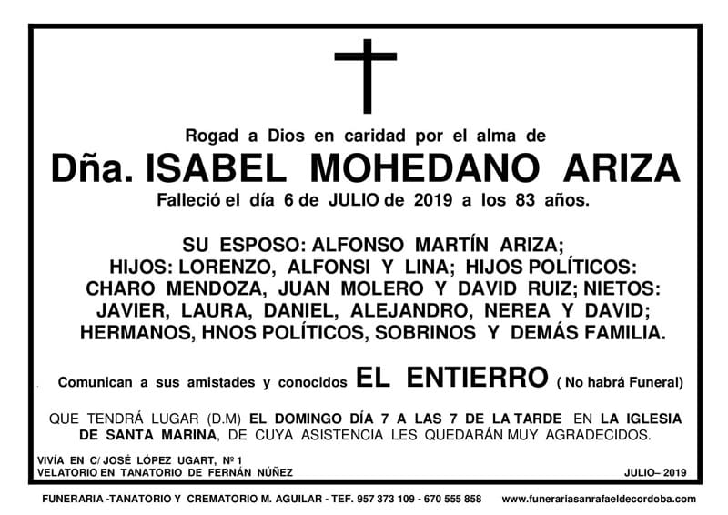 Funeraria Aguilar León esquela Dña. Isabel Mohedano Ariza 