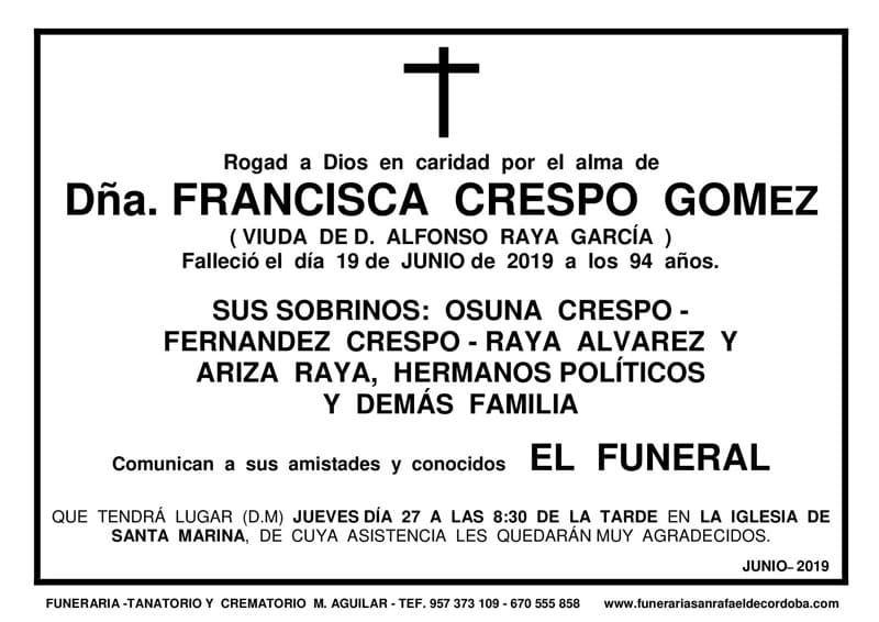 Funeraria Aguilar León esquela Dña. Francisca Crespo Gomez 