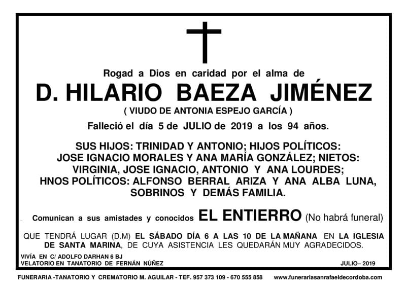 Funeraria Aguilar León esquela D. Hilario Baeza Jiménez 