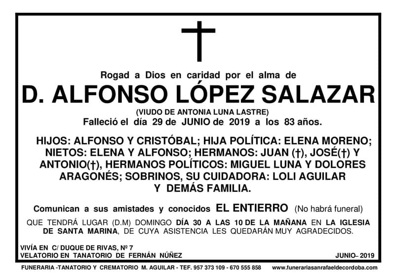 Funeraria Aguilar León esquela D. Alfonso López Salazar 
